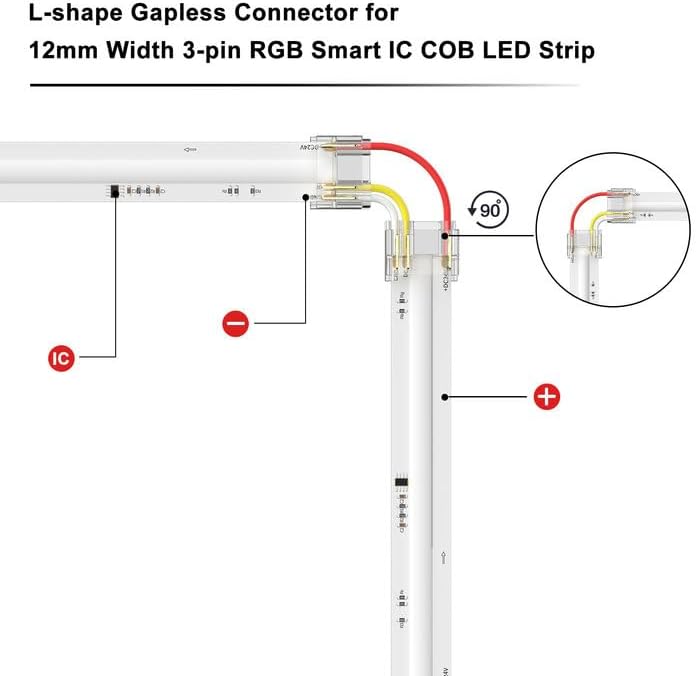 PAUTIX 12mm Connectors 10pcs L-Shaped/Corner Connectors,Solderless Terminal Extension Connection for 3-Pin RGB Smart IC COB LED Strip Lights,NOT for 10mm/8mm/5mm LED Tape Lights - Image 2